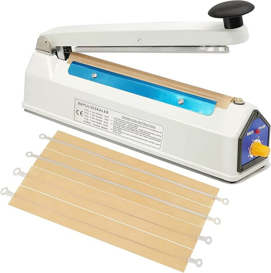Impulse Sealer 8 Inch Heat Sealer for Plastic Bags, Plastic Mylar Bag Sealer, Iron Shell, Manual Poly Bag Heat Sealer Machine, 3mm Sealing, 4 Replacements Kit (2 Cutting Lines Included)