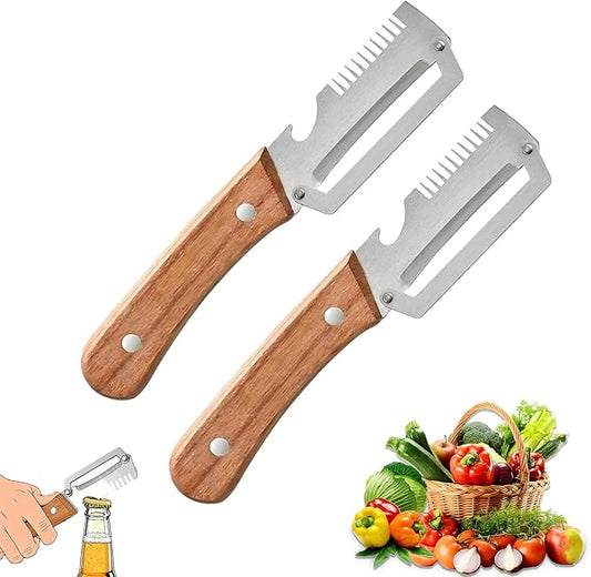 2 Pack Multifunctional Vegetable Peeler, 3-in-1 Peelers For Kitchen with Bottle Opener, Sharp Stainless Steel Swivel Blade, Wooden Handle, For Vegetables or Fruits that Need to Be Peeled