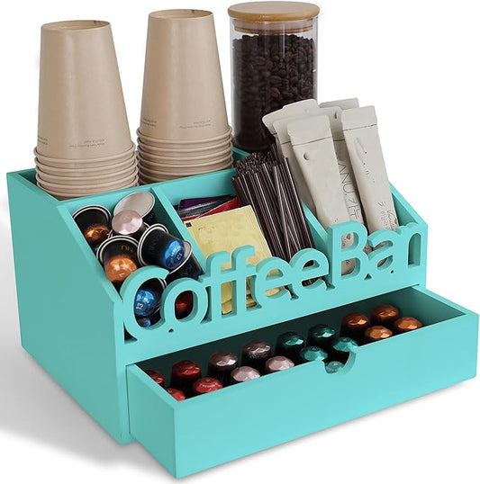 Coffee Bar Organizer for Countertop – Wooden Coffee Station, Tea and K Cup, Condiment Storage Rack, Coffee Pod Holder for Home and Office Counter Organization (Drawer - Turquoise)