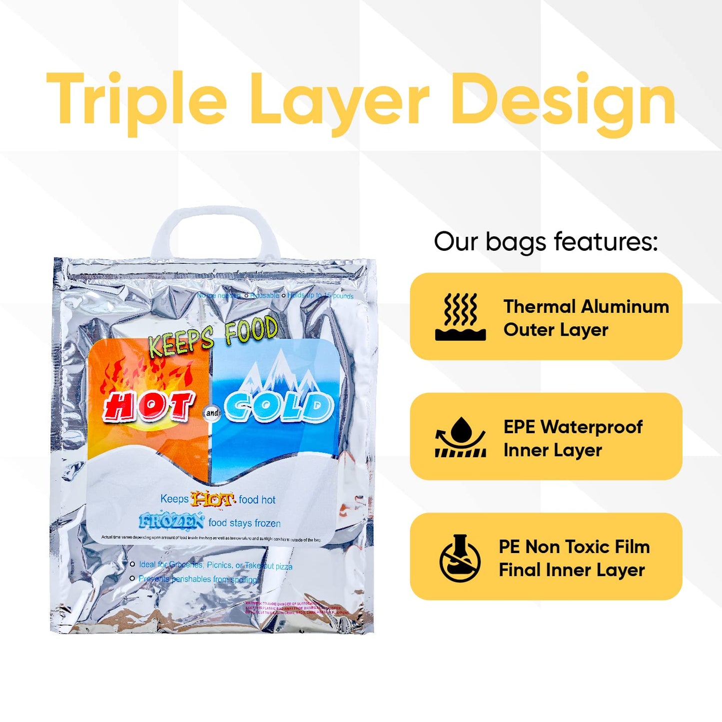 Superio Hot and Cold Insulated Bags for Food Delivery, Grocery Shopping Bags, Food Storage for Hot and Frozen Food for Travel, Disposable Cooler Bag, Reinforced Thermal Lunch Bag (2, 13.5"x17.5")