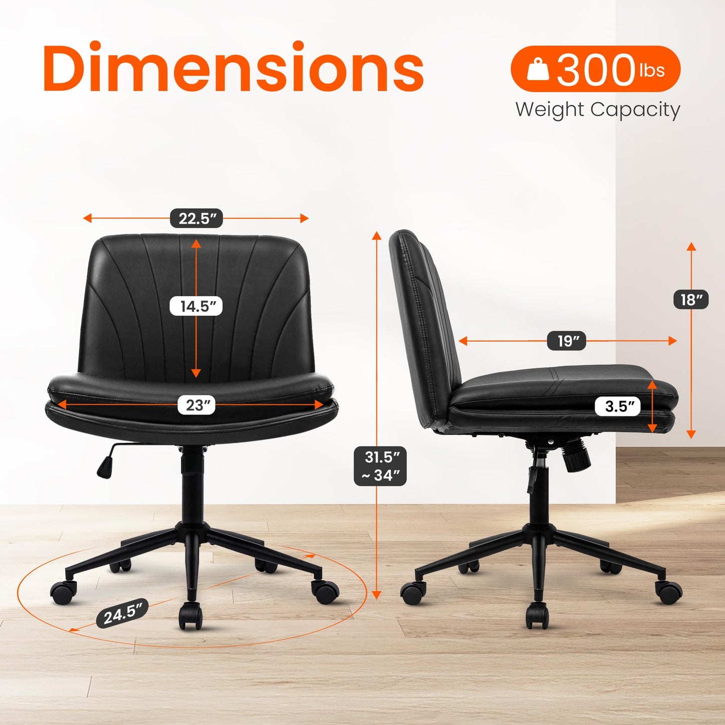 Orange Factory Criss Cross Chair with Wheels Comfy Wide Vanity Desk Chair Dual Base Leather Armless Adjustable Swivel for Home Computer Task (Black)