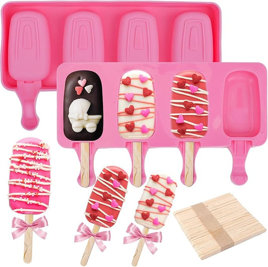 SAYAYA 2 Set Silicone Popsicle Molds with 100 Sticks, Reusable 4 Cavities Homemade Cake Pop & Cakesicle Mold for DIY Ice Cream, Ice Pop, Easy Release & Dishwasher Safe for Kids Family (Pink)