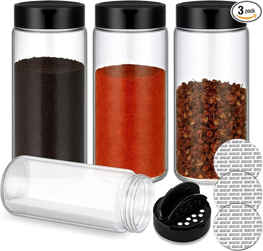 3 Pack 16 oz Glass Spice Jars with Shaker Tops Lids Large Spice Bottle with Lids for Kitchen, Herbs, Sugar, Pantry Herb Salt Pepper Storage (Round)