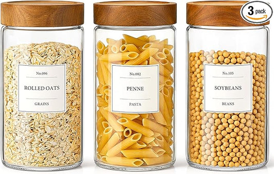 CONNOO 40oz Airtight Glass Storage Containers with Wood Lids (3-Pack) – Includes 120 Pre-Printed Waterproof White Kitchen Labels – Tall Pantry Canisters for Flour, Pasta & Cereal