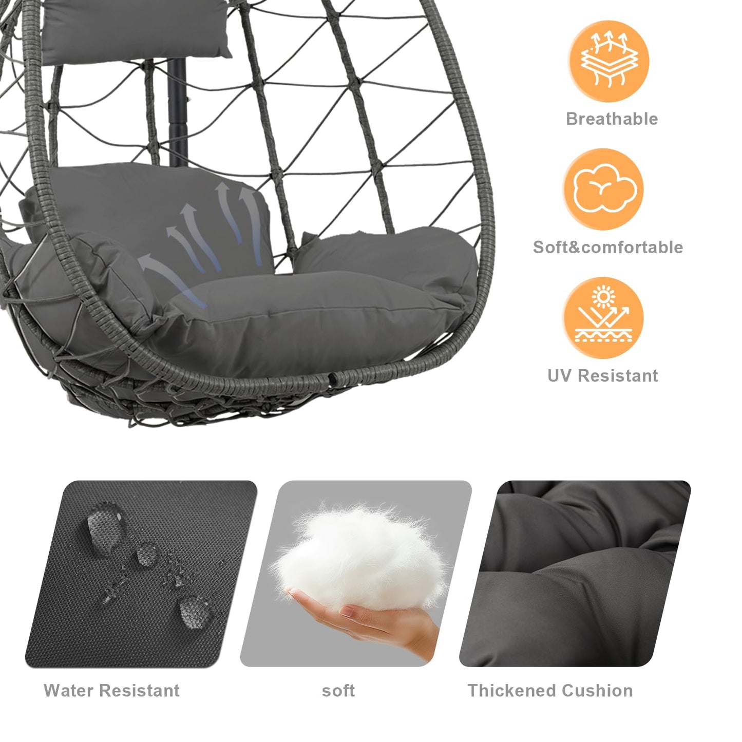 Hanging Egg Chair with Stand Egg Chair Indoor Outdoor, Patio Swing Hammock Egg Chairs, UV Resistant Removable &Washable Thicken Padded Cushions, 350LBS Capacity for Bedroom, Balcony, Garden, Dark Grey