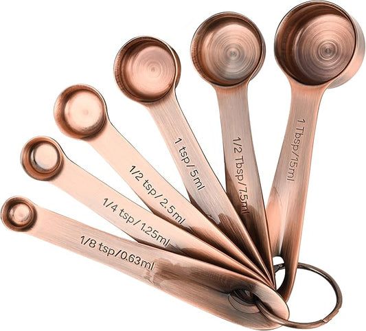 Copper Measuring Spoons Set with Flat Bottom for Kitchen & Baking, Stainless Steel Measuring Spoons Set for Dry & Liquid, Metal Measuring Tools Set with Engraved US & Metri Markings