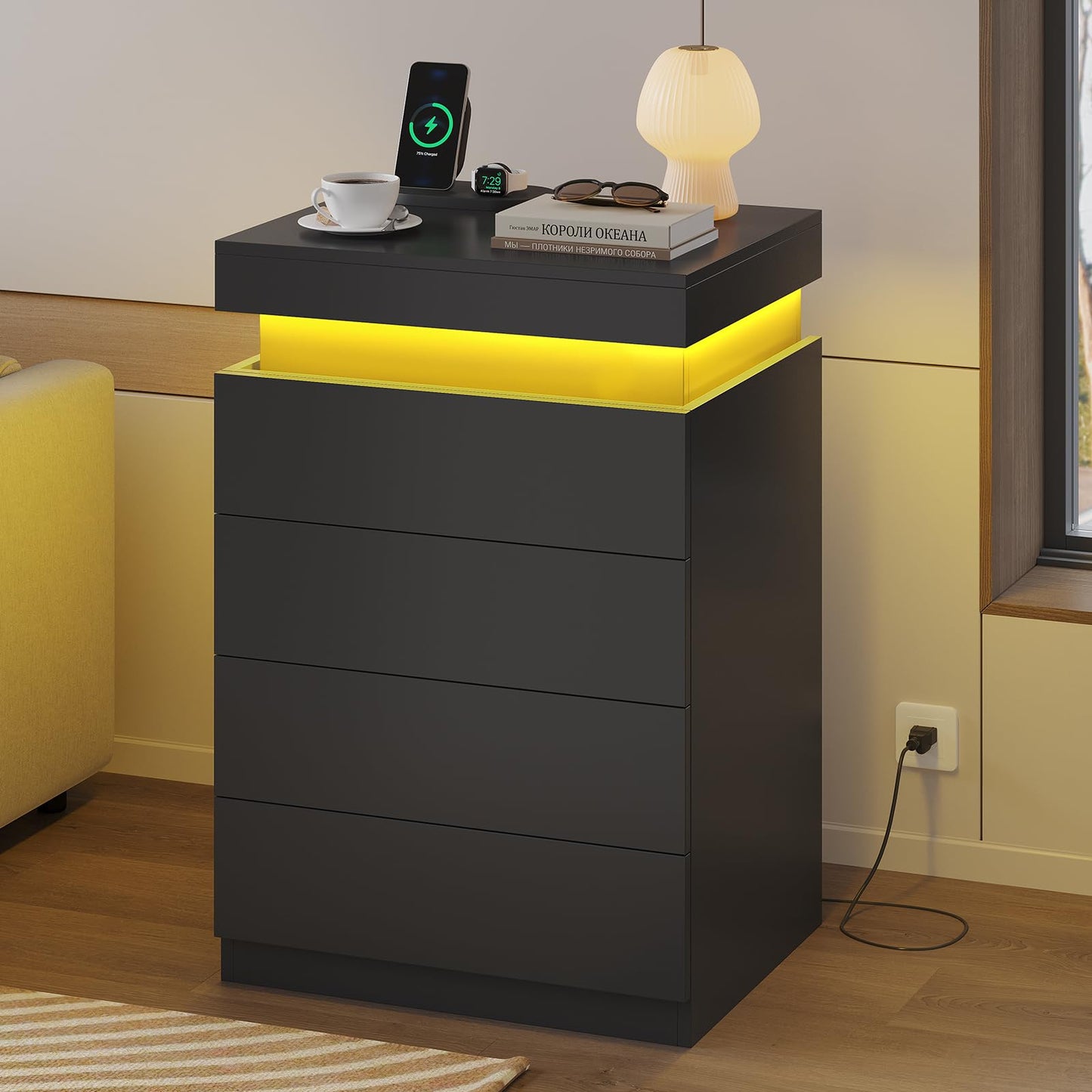 ADORNEVE Black Night Stand Set of 2,Tall Nightstand with Charging Station & LED Light & Sliding Top,Bedside Table with Drawers,Modern Bed Side Tables Bedroom
