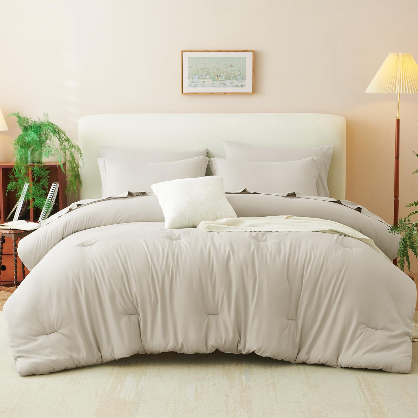 CozyLux Queen Comforter Set Beige, 7 Pieces Bed in a Bag Soft Bedding Comforter Set with Sheets, All Season Boho 7PC Bed Sets with Comforter, Fitted Sheets, Flat Sheets, Pillow Shams and Pillowcases