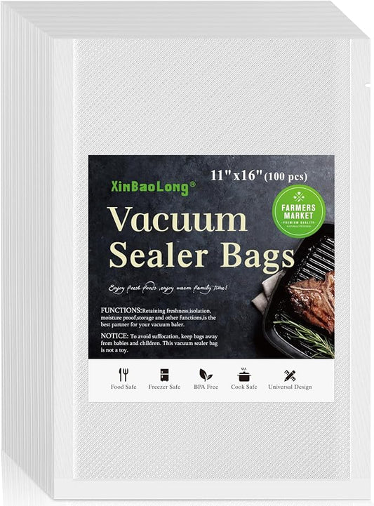 Vacuum Sealer Bags For Food - 100 Quart 11" x 16" - Commercial Grade BPA Free Bag - Durable Customized Size Food Vac Bags for Storage and Sous Vide Cooking - Puncture Prevention