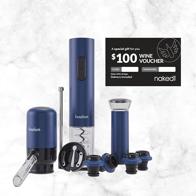 Ivation All-in-One Wine Gift Set – Includes Electric Bottle Opener, Aerator Dispenser, Preserver Pump, 2 Cork Stoppers, Foil Cutter & Gift Box