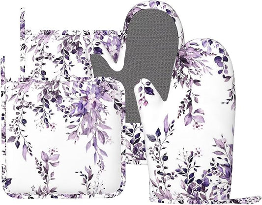 Purple Eucalyptus Oven Mitts and Pot Holders Set, 4pcs Silicone Watercolor Plant Leaves with Floral Oven Glove for Kitchen Heat Resistant Oven Mitts and Potholders Non-Slip for Cooking