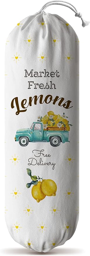 Hglian Farmhouse Grocery Plastic Bag Holder Dispenser Cute Market Fresh Lemons Buffalo Check Truck Shopping Trash bags Storage Container Organizer Lemons Kitchen Decor Yellow Blue