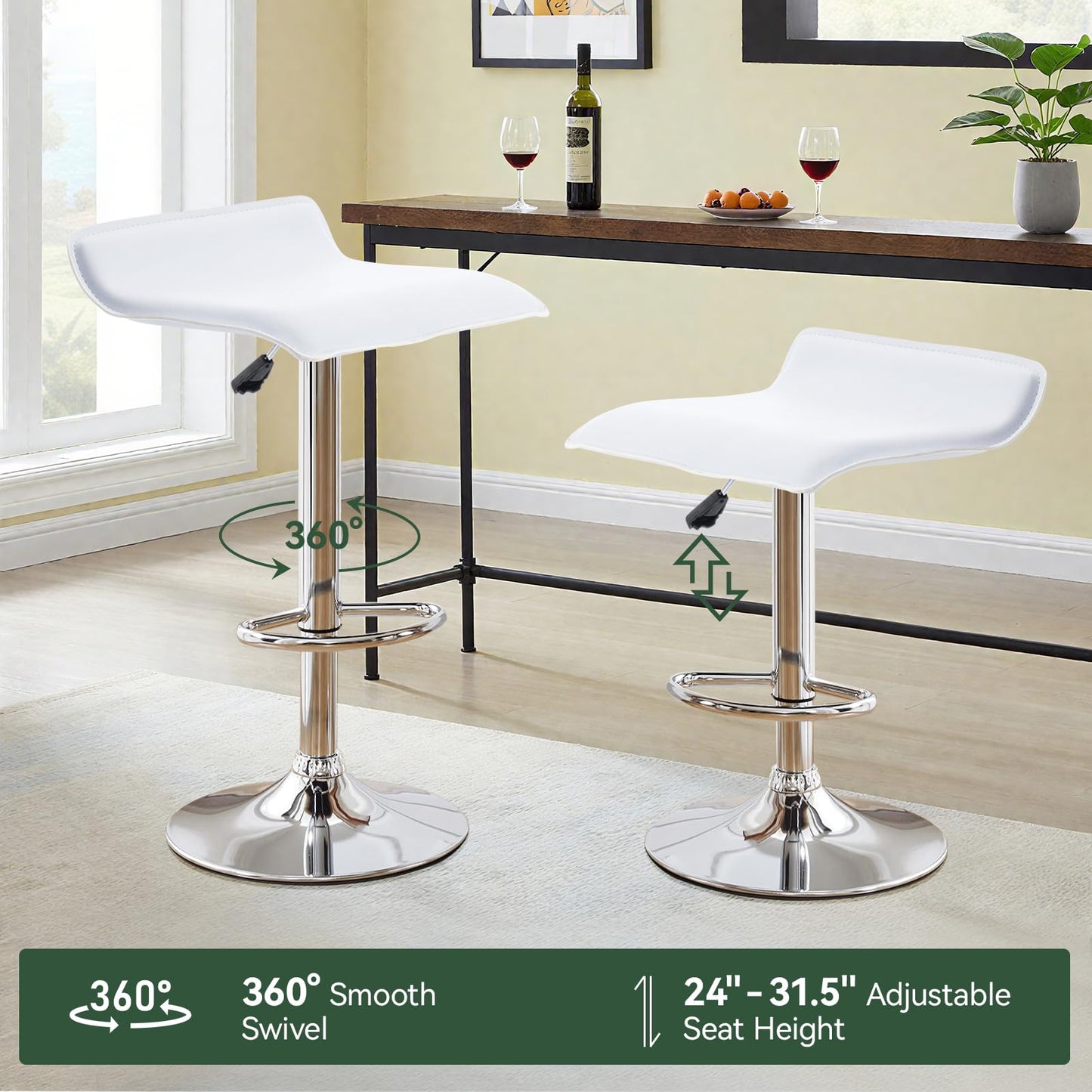 Adjustable Swivel Bar Stools Set of 2, Modern PU Leather Backless Counter Height Stools with Footrest & Gas Lift | Heavy Duty for Kitchen Island, Home Bar, Dining Room (White, Chrome Base)