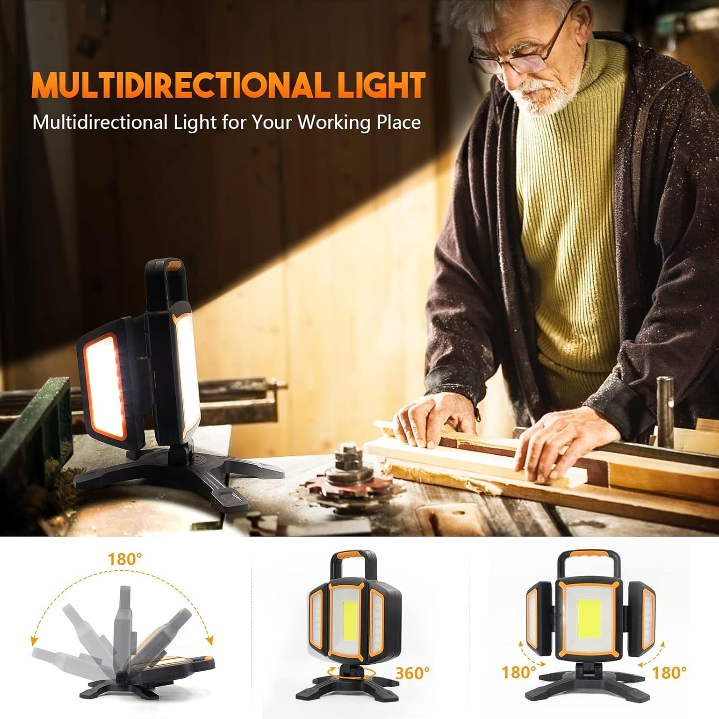 30W Rechargeable Work Light, 3000 Lumen Magnetic Work Light Battery Powered, Waterproof Portable Cordless Job Site Lighting for Construction Site, Workshop, Garage, Camping, and Car Repairing