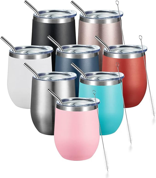 COMOOO Stainless Steel Wine Tumbler with Lid and Straw 12oz Double Wall Vacuum Insulated Travel Tumbler Cup for Coffee, Wine, Cocktails, Champagne (Mix color,8 Pack)