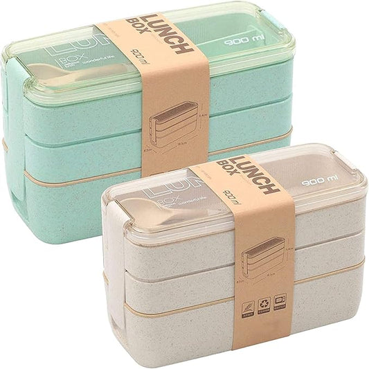 Rarapop 2 Pack Stackable Bento Box Japanese Lunch Box Kit with Spoon & Fork, 3-In-1 Compartment Wheat Straw Meal Prep Containers for Kids & Adults (Green/Beige)