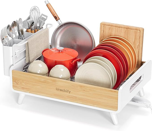 Urackify Dish Drying Rack for Kitchen Counter - Stainless Steel & Bamboo Dish Rack with Large Removable Utensil Holder, Dish Drainer with Adjustable Automatic Spout, White