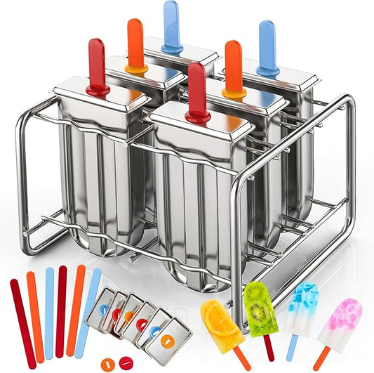 Jingmore Stainless Steel Pop Molds, 6 Round Head Metal Pop Molds with Holder & Reusable Sticks, Metal Ice Cream Makers for Frozen Yogurt Fruit Ice Cream Sorbet Making(Square)