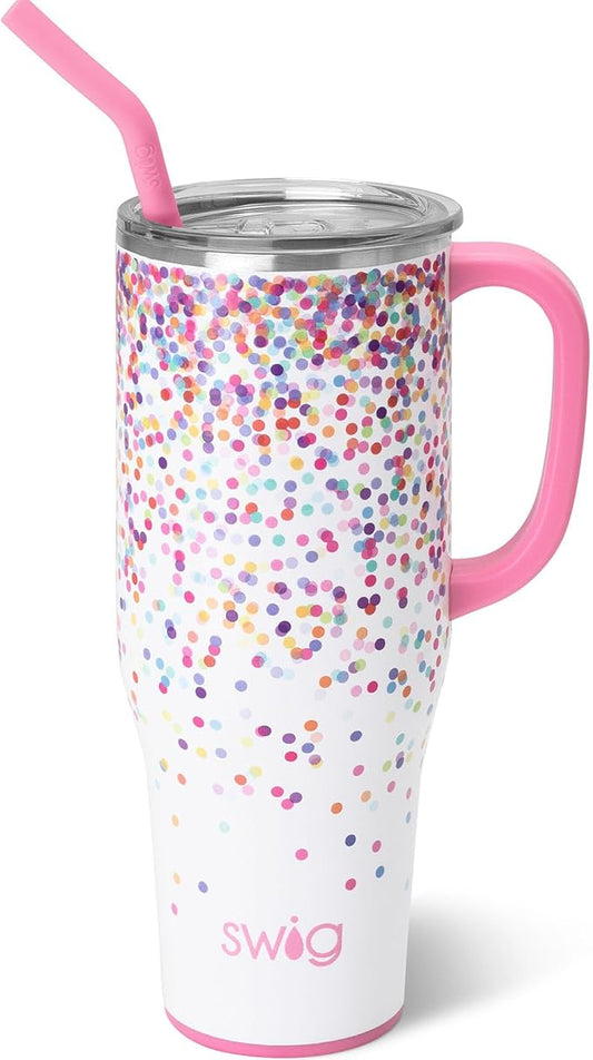 Swig Life 40oz Mega Mug, 40 oz Tumbler with Handle and Straw, Cup Holder Friendly, Dishwasher Safe, Stainless Steel, Lightweight Extra Large Insulated Glitter Water Bottle, Glitter Gifts (Confetti)