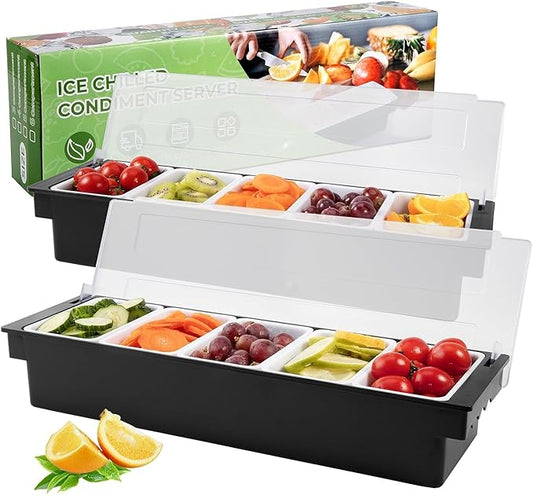 Fruit, Veggie & Condiment Caddy with Lid Dispenser Tray Garnish Station for Bartending & Serving Taco (2, 5 Compartment)