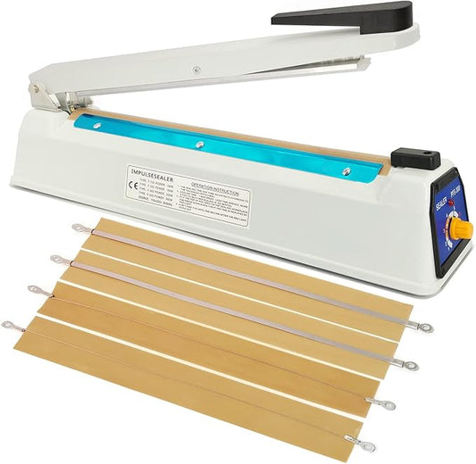 Impulse Heat Sealer 12 Inch 5mm Mylar Bag Sealer, Iron Shell Sealer, Plastic Bag Sealer Machine, with 4 Replacements Kit (2 Cutting Lines Included)