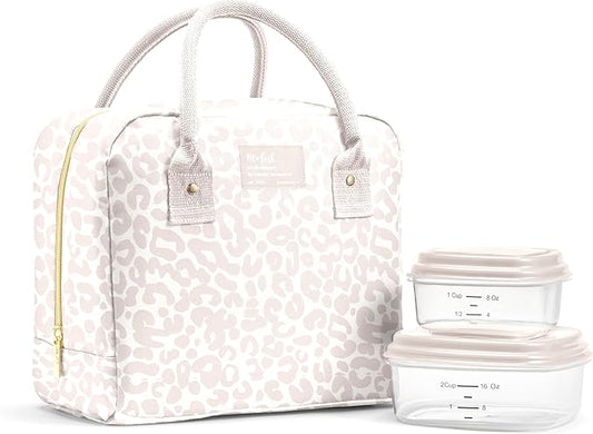 Fit & Fresh Bloomington Lunch Bag for Women - Insulated Large Lunch Box for Work with Containers, Leak-Resistant, Stain-Resistant, Zipper Closure, Feline Fine Ivory