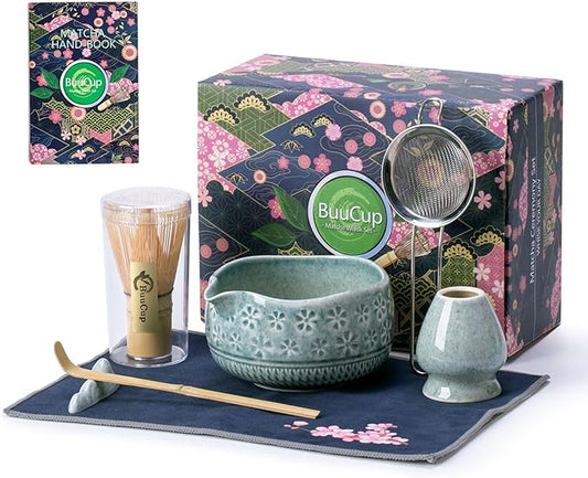Buucup Matcha Whisk Set, Ceramic Matcha Kit Includes Matcha Bowl, Matcha Whisk and Holder, Bamboo Scoop, Scoop Rest, Sifter and Tea Towel - 7 Pcs Matcha Kit for Matcha Lovers (Blue)