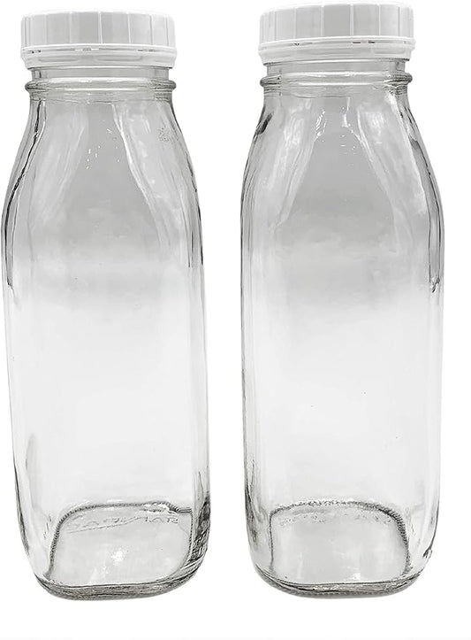 The Dairy Shoppe Glass Milk Bottle, Heavy Glass with Lid, Creamery Style (2, Threaded Pint)