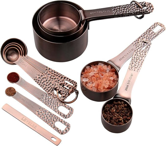 Copper Plated Measuring Cups and Spoons set, Stainless Steel Measuring Cups and Spoons Set for Baking & Kitchen, Cute Metal Metric & US Measure Cup and Spoon with Leveler & 1/8 Cup