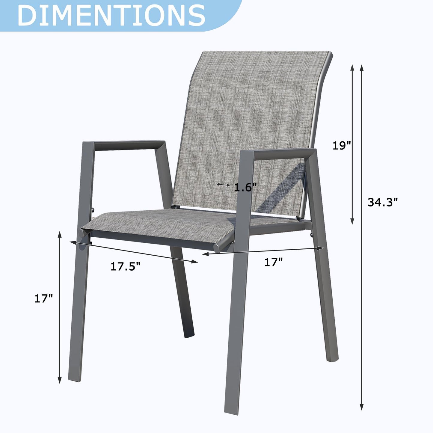 Puntogen Stackable Patio Chairs Set of 2, Outdoor Dining Chairs with High Back & Metal Frame, Lightweight Sling Chair for Lawn Garden Deck, Grey