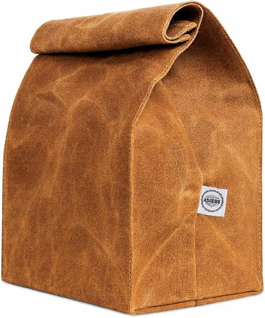 ASEBBO Waxed Canvas Lunch Bag – Reusable Insulated Paper Bag-Style Lunchbox for Adults – Leakproof & Durable Sack Lunch Box for Work, Picnic & Travel – Stylish Brown Bag Cooler with Shoulder Strap