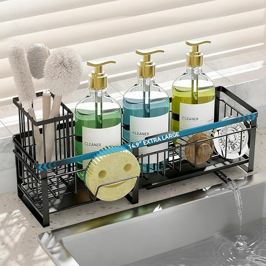 Extra Large Extendable Sponge Holder for Kitchen Sink, Rustproof Sink Caddy Organizer with High Brush Holder, Dish Soap Dispenser Organizers and Storage (Black)