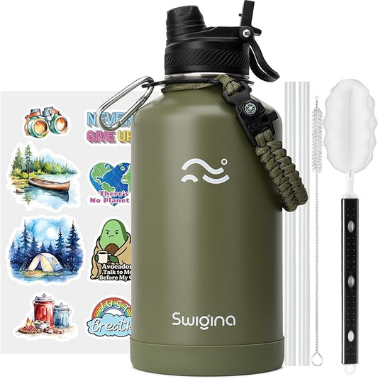 Swigina [2-IN-1 LID] 64 oz Insulated Water Bottle with Silicone Boot (48hrs Cold/24hrs Hot) - DIY Stickers, Leakproof, BPA Free, Half Gallon