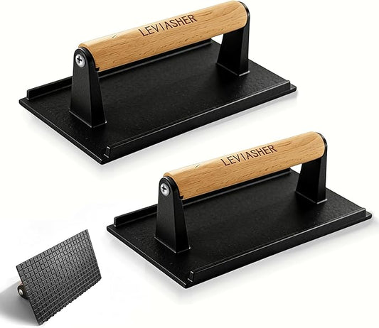 2.2 lb Heavy Duty Cast Iron Grill Press, 7.8X3.9 inch Rectangle Bottom Granular Burger Press with Wood Handle for Blackstone, Chef, Camp, Panini, Vegetable, Bacon, Sandwich, BBQ, 2 Pack