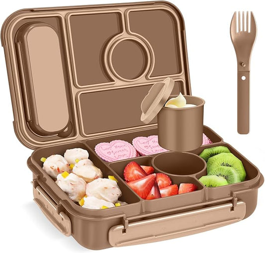 Amathley Bento Box Adult Lunch Box Kids,Lunch Containers for Adults/Kids/Toddler,5 Compartments Bento Lunch Box with Sauce Vontainers,Microwave & Dishwasher & Freezer Safe,BPA-Free (Brown)