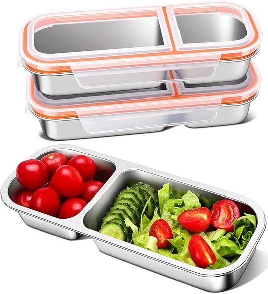 KTKUDY 3 Pack Stainless Steel Snack Containers for Kids & Adults - Large - Leak-Proof 2-Compartment Stackable Snack Lunch Boxes for Daycare, School, Work & Travel