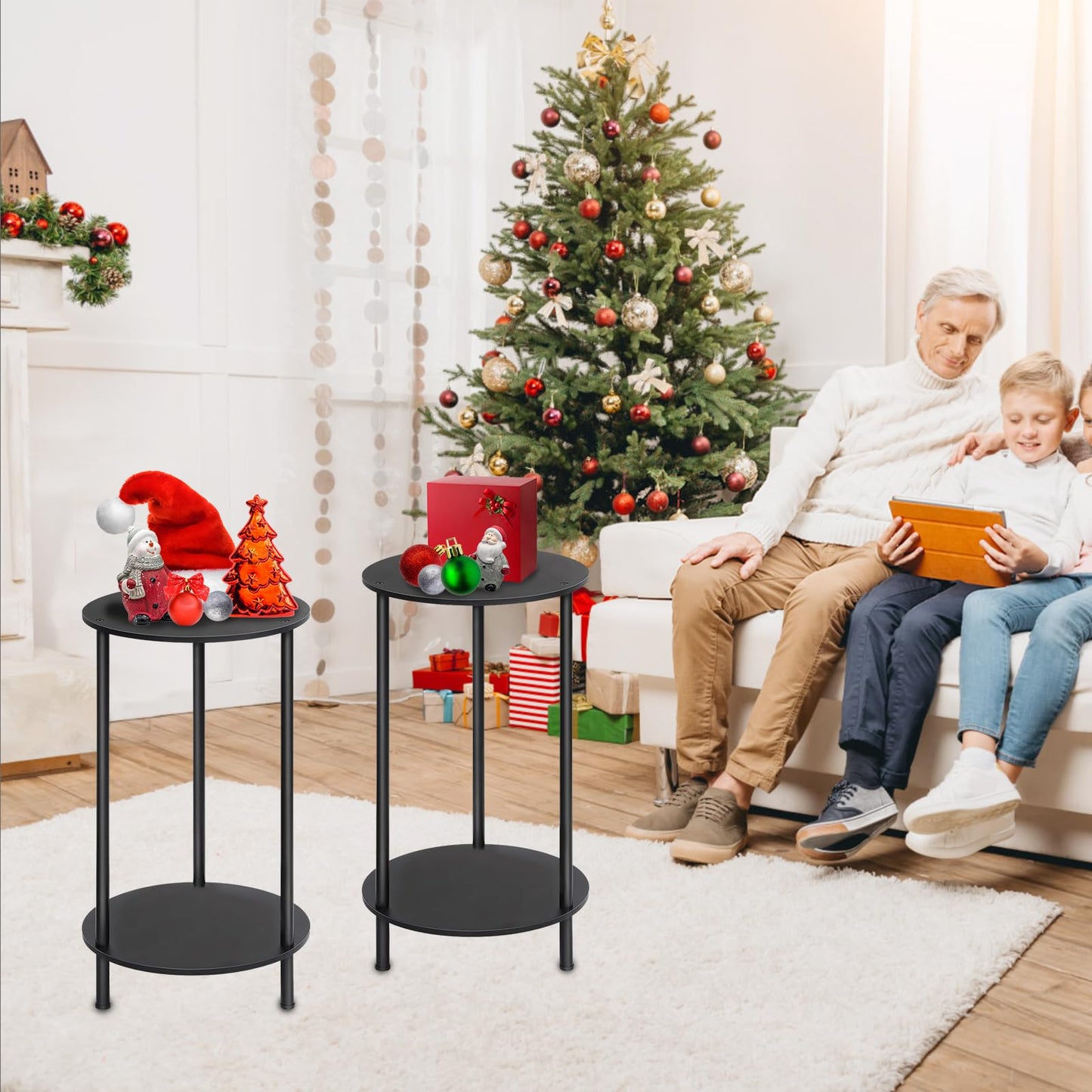 SEHERTIWY Small Round Side Table, 2 Tiers Farmhouse End Tables, Set of 2 Accent Tables for Small Spaces, Night Stands for Bedrooms Living Room, Coffee Tables with Storage Shelf, Black