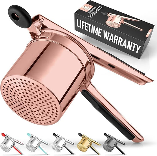 Zulay Kitchen Premium Large 15oz Potato Ricer, Heavy Duty Professional Stainless Steel Potato Masher and Ricer Kitchen Tool, Press and Mash Kitchen Gadget - Rose Gold Fixed Disc