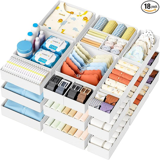 DIMJ Drawer Organizer Clothes Storage - 18 Pack Baby Dresser Organizer for Nursery, Foldable Closet Drawer Organizer Bins for Bedroom Organization, Fabric Storage Dividers for Socks, Underwears, Bras