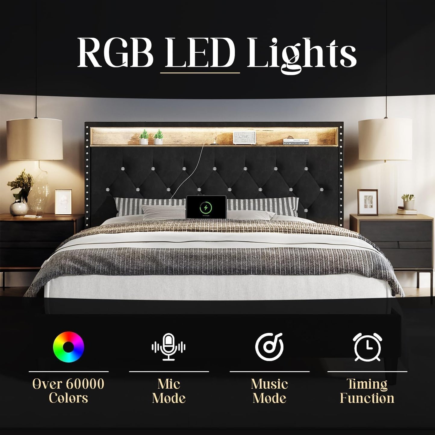 HOMBCK Queen Bed Frame with Charging Station and LED, Upholstered Platform Bed Frame Queen Size with Diamond Tufted Storage Headboard, Wood Slats Support, No Box Spring Needed, Easy Assembly, Black