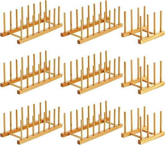 Zopeal 9 Pcs Bamboo Wooden Plate Racks Dish Rack Stand Holder 3/6/ 7 Slots Drainboard Drying Drainer Kitchen Cabinet Organizer for Dish Plate Bowl Cup Pot Lid Book