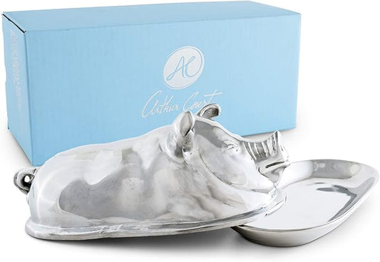 Arthur Court Happy Pig Covered Butter Cream Cheese Dish Container Keeper Hand Polished Tarnish Free Artisan Quality Farmhouse Table 7.5 inch Long