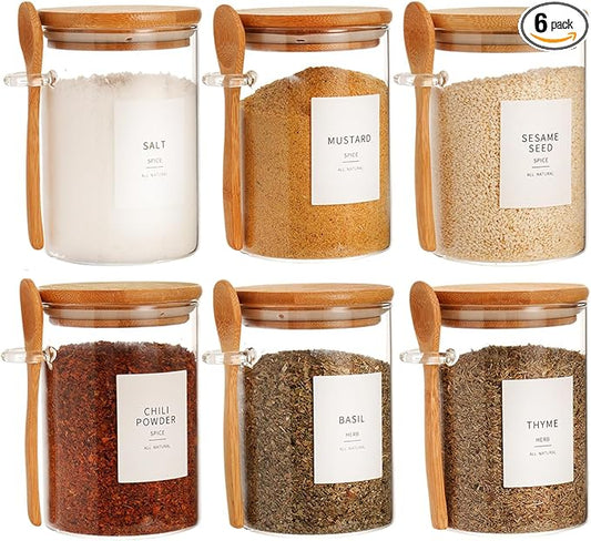 HHMJSM 6 Pcs Glass Jar with Bamboo Lid and Spoon - 17 oz Large Sugar Container with 148 Kitchen Pantry Spice Jar Labels Preprinted - Glass Containers with Wooden Lids Hold Coffee, Tea, Candy