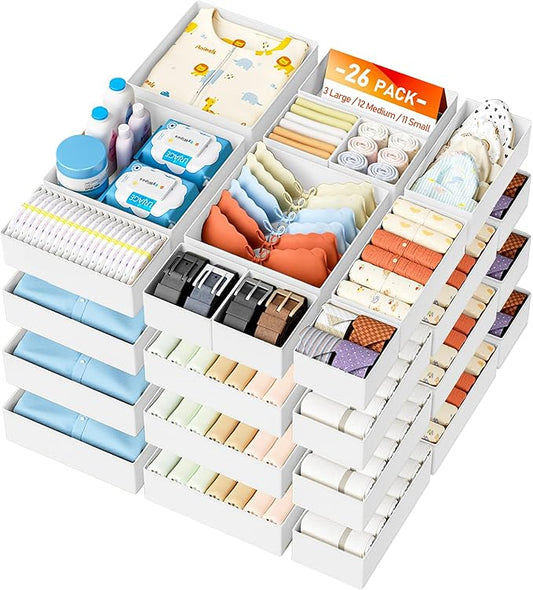 DIMJ Drawer Organizer Clothes 26 Pack - Foldable Baby Organizers and Storage Dresser Organizer for Bedroom, Closet Nursery Organization Dresser Dividers for underwear, Sock, Bra, Belt, Tie