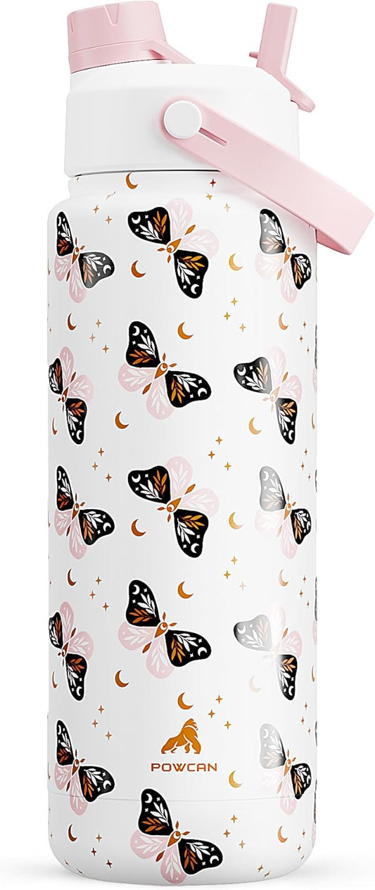 POWCAN 32 oz Insulated Water Bottle with 2-in-1 Straw and Spout Lid, Keep Cold 24H, Leak-Proof, BPA-Free, Double Wall Stainless Steel Water Bottle for Sports, Gym, Travel and School (Ombra Butterfly)