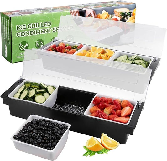 Fruit, Veggie & Condiment Caddy with Lid Dispenser Tray Garnish Station for Bartending & Serving Taco (2, 3 Compartment)