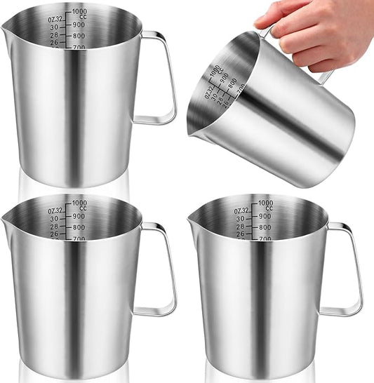 Copkim 4 Pcs Stainless Steel Pitcher with Handle and Pour Lip 33.8 Oz, 1000 Ml, 4 Cup Metal Liquid Measuring Cup Measuring Jug Milk Frothing Pitcher for Milk Latte Art Water Pouring