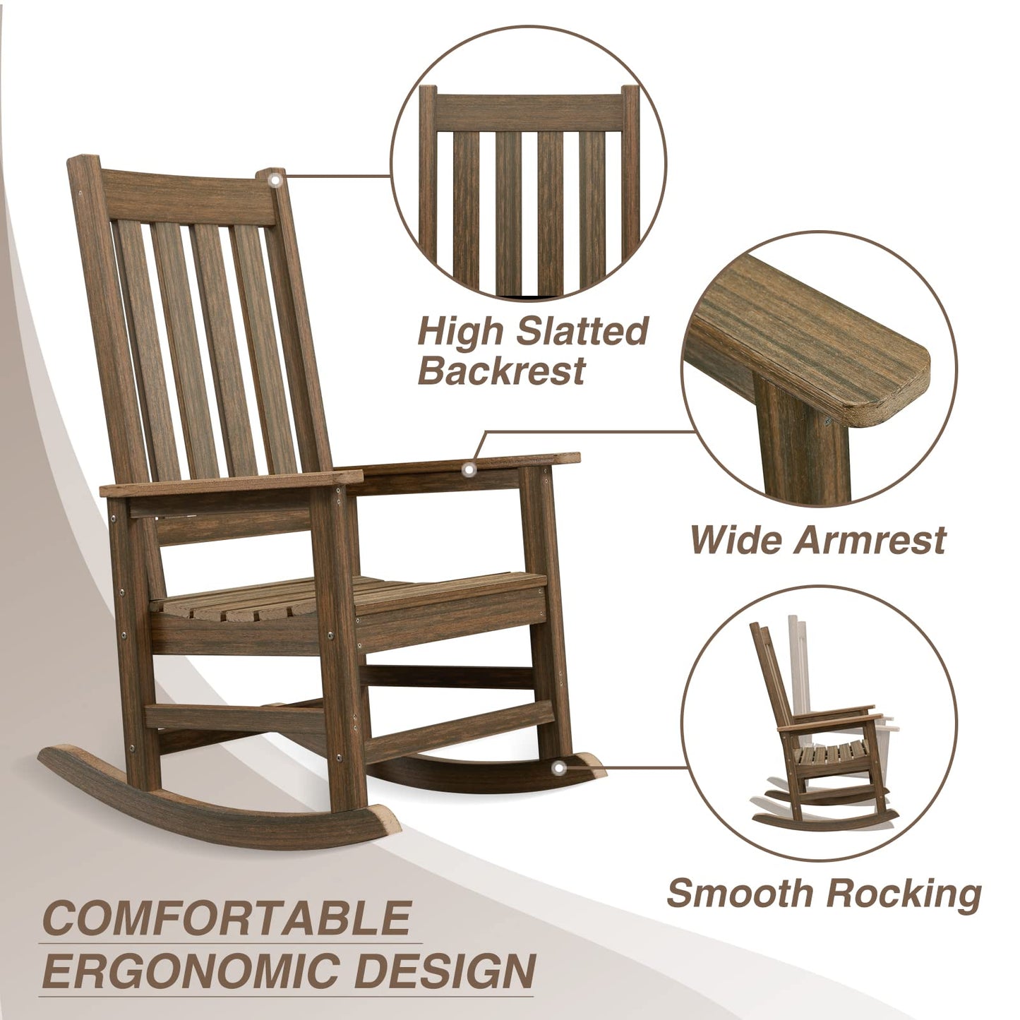 ACUEL Outdoor Rocking Chair Set of 2, HDPE Oversized Patio Rocking Chairs, Weather Resistant, 350lbs Heavy Duty Porch Rocker with High Back for Backyard, Fire Pit, Garden and Indoor (Bright Brown)