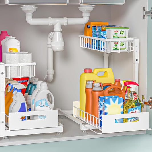 L-Shaped Under Sink Organizer, 2 Pack 2-Tier Pull Out Metal Kitchen Cabinet Organizer with Sliding Storage Drawer, Height Adjustable Heavy Duty Under Bathroom Sink Storage for Cleaning Supplies
