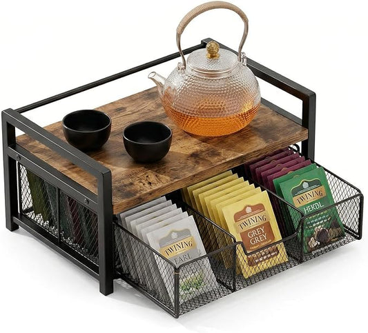 Wood Tea Bag Organizer and Storage Chest | Rustic Brown Tea Station with Drawer & 8 Compartments | Countertop Kitchen Display Box